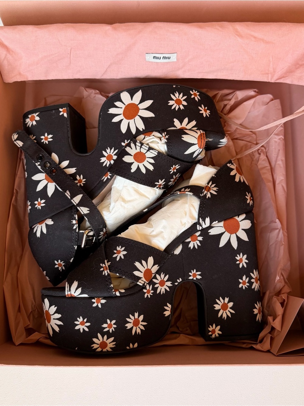 Miu Miu Black Daisy Print Gabardine Chunky Platform Sandals IT 38 NWOB - Picture 9 of 9